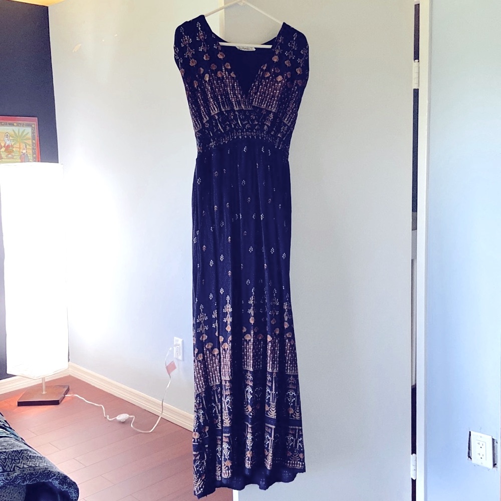 Navy blue Indian maxi dress, boho and feminine.